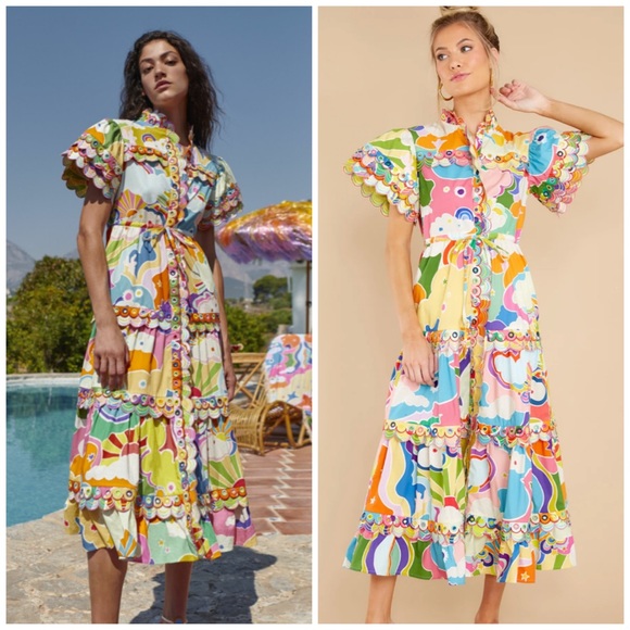 CeliaB Dresses & Skirts - CeliaB Cordelia Scalloped Printed Cotton Midi Dress XS